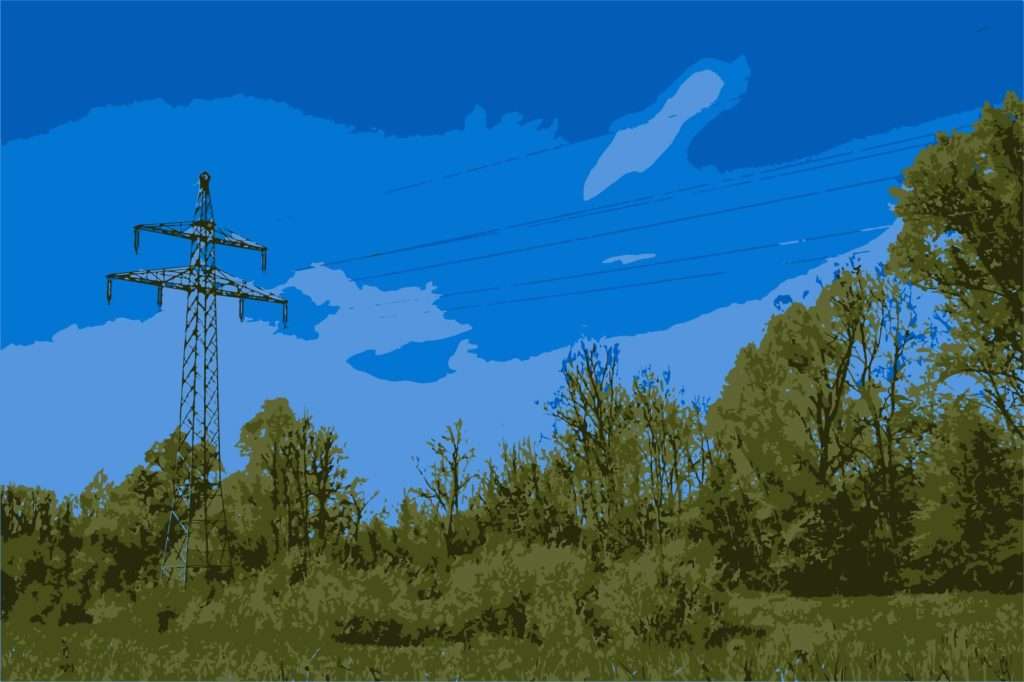 Photograph of a power line among trees with a blue sky in the background